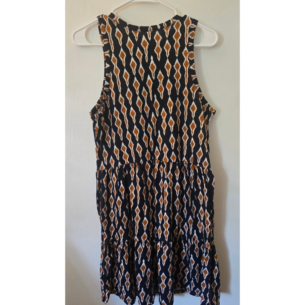 Market & Spruce geometric Diamond Tiered Mini Dress Black Orange Sleeveless  L - Picture 2 of 5